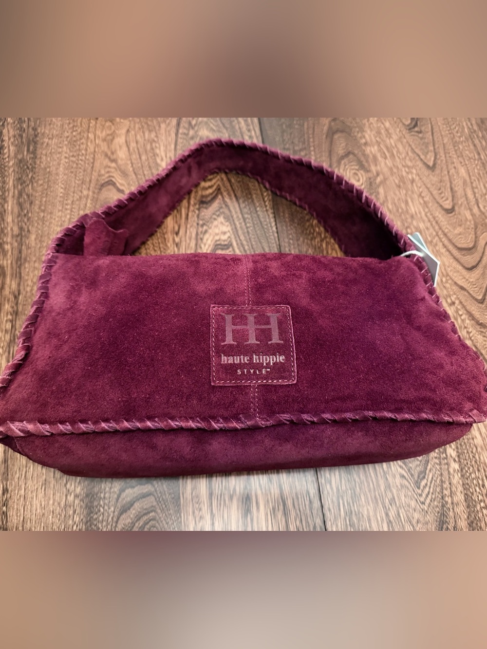 RARE-FIND Haute Hippie Burgundy Wine Suede Braided Strap Shoulder Bag - Picture 3 of 9